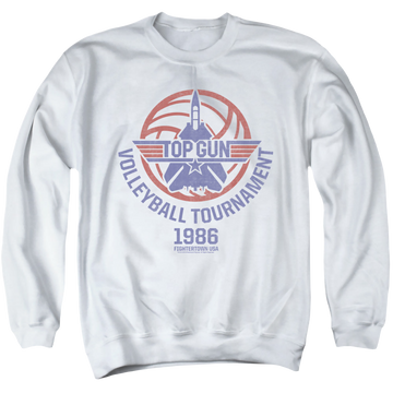 White men's crewneck sweatshirt with Top Gun Volleyball Tournament graphic