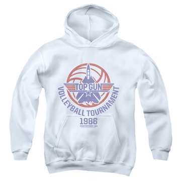 White youth hoodie for ages 8 to 12 with Top Gun Volleyball Tournament graphic