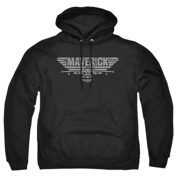 Black pullover hoodie with Top Gun Maverick Plane Logo graphic