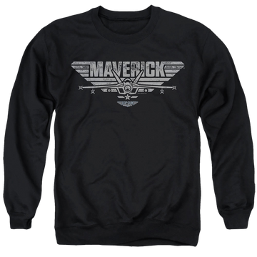 Black men's crewneck sweatshirt with Top Gun Maverick Plane Logo graphic