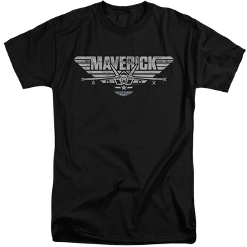Black men's tall fit t-shirt with Top Gun Maverick Plane Logo graphic