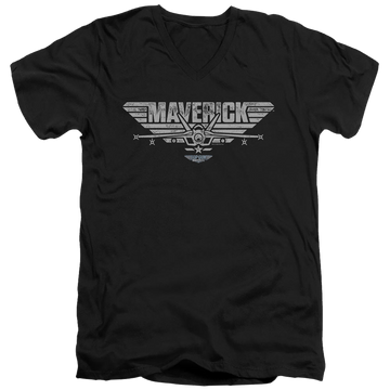 Black men's v-neck t-shirt with Top Gun Maverick Plane Logo graphic