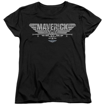 Black women's t-shirt with Top Gun Maverick Plane Logo graphic