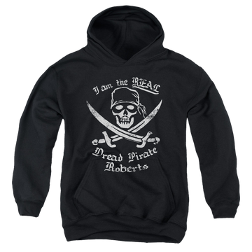 Black youth hoodie for ages 8 to 12 with The Princess Bride The Real Dpr graphic