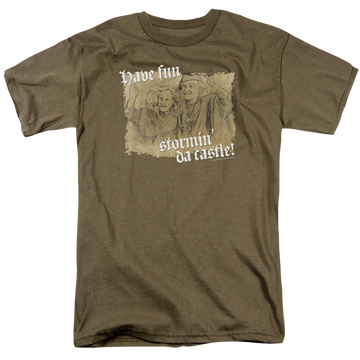Safari green men's regular fit t-shirt with The Princess Bride Stormin Da Castle graphic