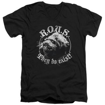 Black men's v-neck t-shirt with The Princess Bride They Do Exist graphic