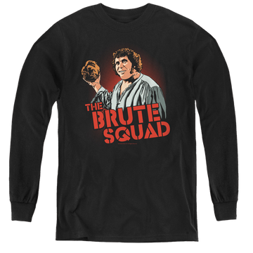 Black youth long sleeve t-shirt with The Princess Bride Brute Squad graphic