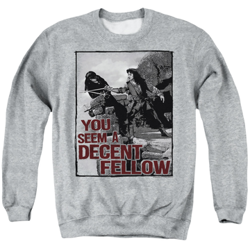 Athletic heather men's crewneck sweatshirt with The Princess Bride Fellow graphic