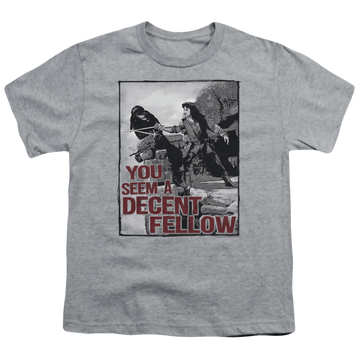 Athletic heather youth t-shirt for ages 8 to 12 with The Princess Bride Fellow graphic
