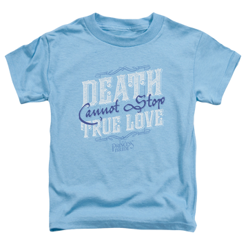 Carolina blue kid's t-shirt for ages 4 to 7 with The Princess Bride Love Over Death graphic