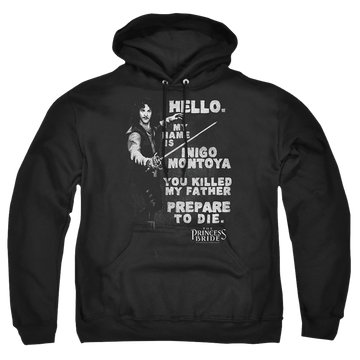 Black pullover hoodie with The Princess Bride Hello Again graphic