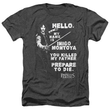 Charcoal men's heather t-shirt with The Princess Bride Hello Again graphic