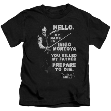 Black kid's t-shirt for ages 4 to 7 with The Princess Bride Hello Again graphic