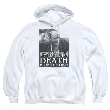White pullover hoodie with The Princess Bride Sicilian graphic
