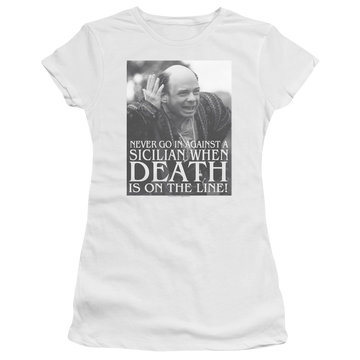 White juniors t-shirt with The Princess Bride Sicilian graphic