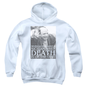White youth hoodie for ages 8 to 12 with The Princess Bride Sicilian graphic