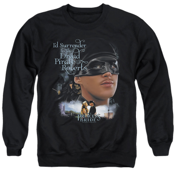Black men's crewneck sweatshirt with The Princess Bride Surrender graphic