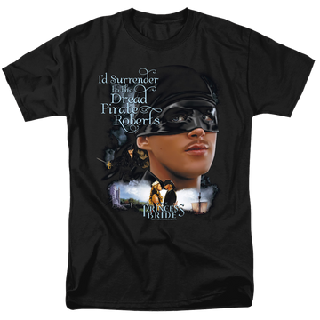 Black men's regular fit t-shirt with The Princess Bride Surrender graphic