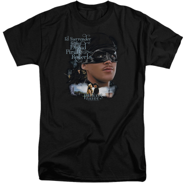 Black men's tall fit t-shirt with The Princess Bride Surrender graphic