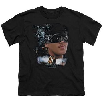 Black youth t-shirt for ages 8 to 12 with The Princess Bride Surrender graphic