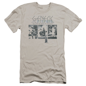 Silver men's premium slim fit t-shirt with Genesis The Lamb Down On Broadway graphic