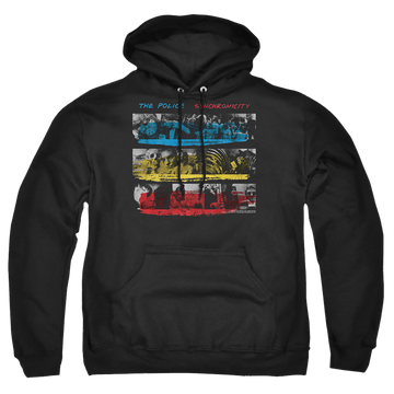 Black pullover hoodie with The Police Synchronicity graphic