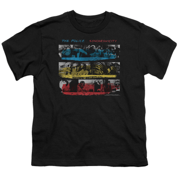 Black youth t-shirt for ages 8 to 12 with The Police Synchronicity graphic