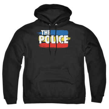 Black pullover hoodie with The Police Three Stripes Logo graphic