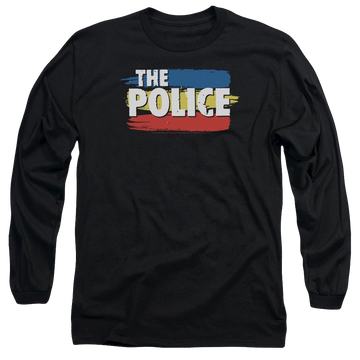 Black men's long sleeve t-shirt with The Police Three Stripes Logo graphic
