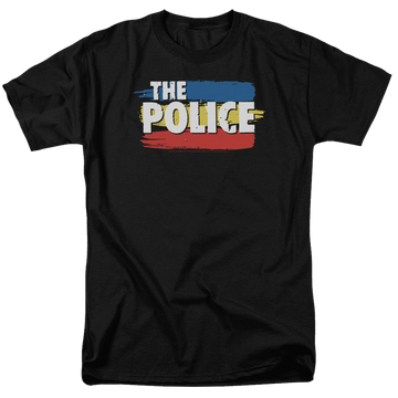 Black men's regular fit t-shirt with The Police Three Stripes Logo graphic