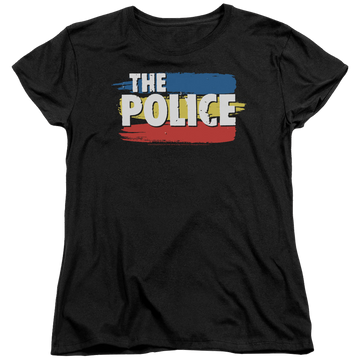Black women's t-shirt with The Police Three Stripes Logo graphic