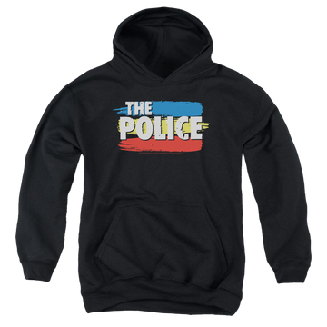 Black youth hoodie for ages 8 to 12 with The Police Three Stripes Logo graphic