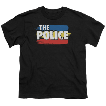 Black youth t-shirt for ages 8 to 12 with The Police Three Stripes Logo graphic