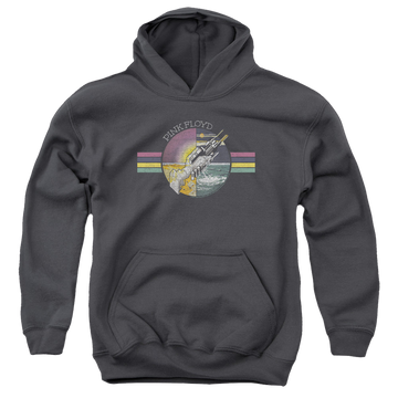 Charcoal youth hoodie for ages 8 to 12 with Pink Floyd Welcome To The Machine graphic