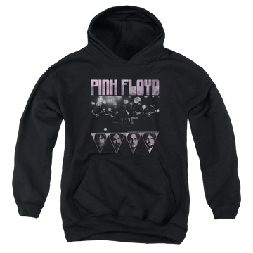 Black youth hoodie for ages 8 to 12 with Pink Floyd Pink Four graphic