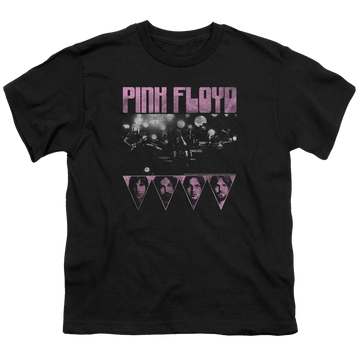 Black youth t-shirt for ages 8 to 12 with Pink Floyd Pink Four graphic