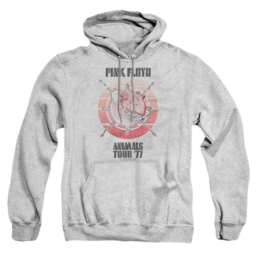 Athletic heather pullover hoodie with Pink Floyd Animals Tour 77 graphic