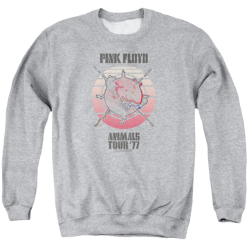 Athletic heather men's crewneck sweatshirt with Pink Floyd Animals Tour 77 graphic