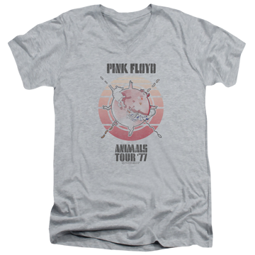 Athletic heather men's v-neck t-shirt with Pink Floyd Animals Tour 77 graphic