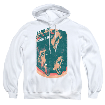 White pullover hoodie with Genesis Land Of Confusion graphic