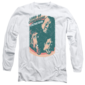 White men's long sleeve t-shirt with Genesis Land Of Confusion graphic