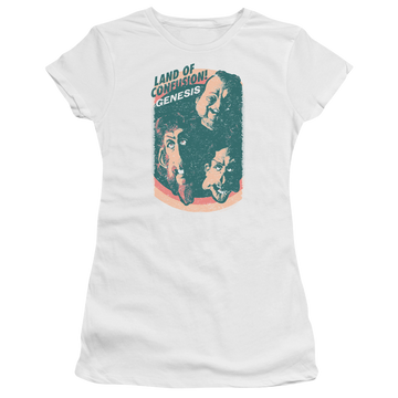 White juniors t-shirt with Genesis Land Of Confusion graphic
