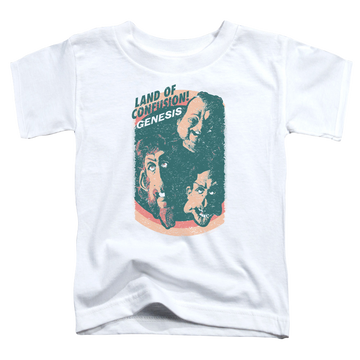 White toddler t-shirt with Genesis Land Of Confusion graphic