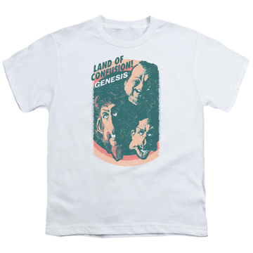 White youth t-shirt for ages 8 to 12 with Genesis Land Of Confusion graphic