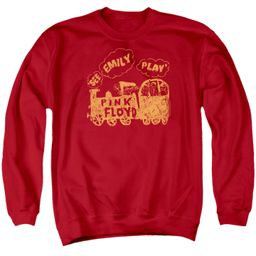 Red men's crewneck sweatshirt with Pink Floyd See Emily Play graphic