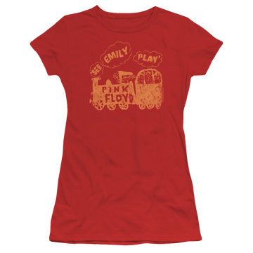 Red juniors t-shirt with Pink Floyd See Emily Play graphic