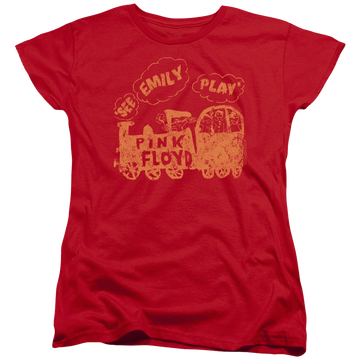 Red women's t-shirt with Pink Floyd See Emily Play graphic