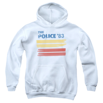 White youth hoodie for ages 8 to 12 with The Police 83 graphic