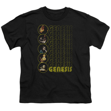 Black youth t-shirt for ages 8 to 12 with Genesis The Carpet Crawlers graphic
