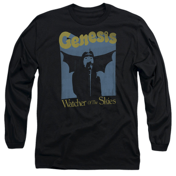 Black men's long sleeve t-shirt with Genesis Watcher Of The Skies graphic